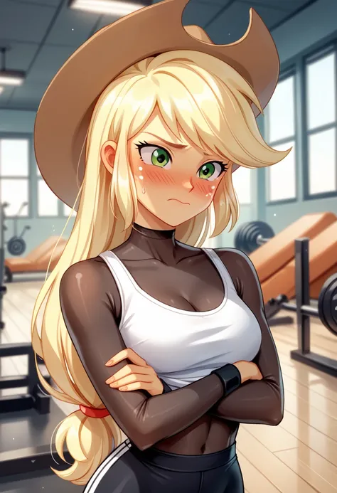 Eqg    Applejack in    white  bodystocking is embarrassed at the gym