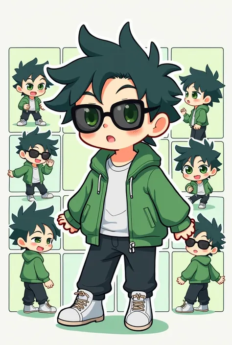 (((chibi style illustration magical gammer, multiple angles line stamps, 12 divisions, funny cute,short hair black ))) He wears a green jacket, He wears black pants, He wears white sneakers, He has short black hair, He has green eyes, He wears sunglasses