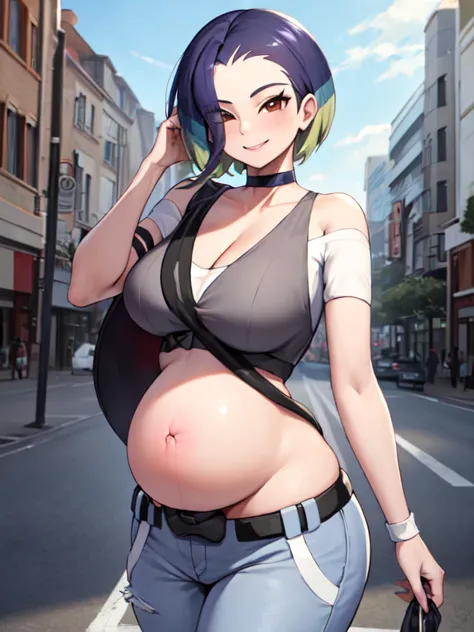 (masterpiece, best quality:1.2), highres, solo, 1 pregnant girl, perrin, smile, looking at viewer, walking, crop top, pants, cho...