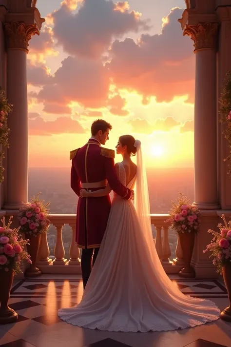 Happy Ending Scene: A prince and his bride standing on a palace balcony, looking at a beautiful twilight sky.

