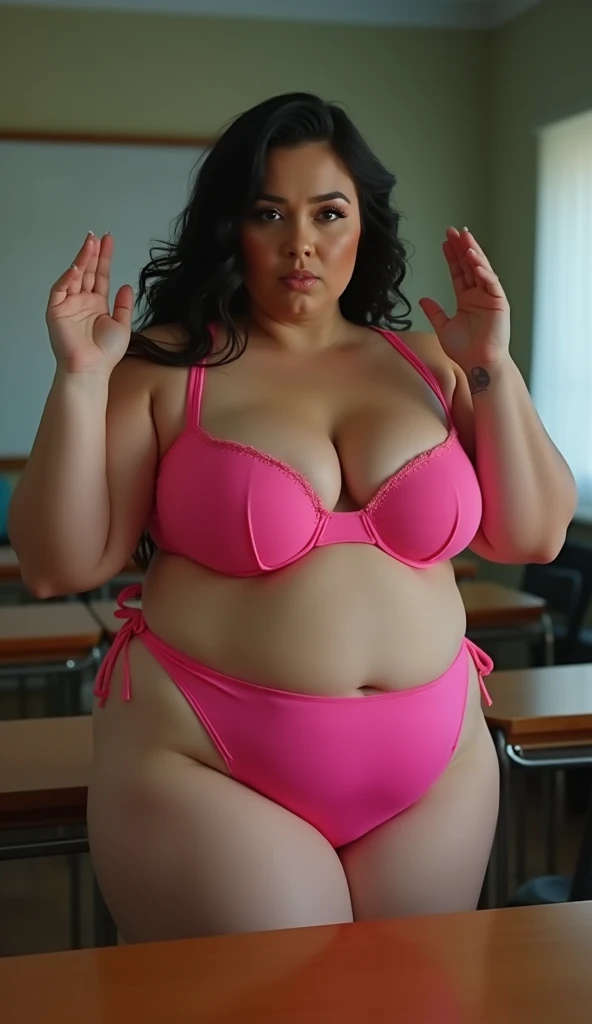 A realastic chubby and thick russian girl plus big size boobs plus big size hips and ass  wear pink string bra and bikini  and  looking so hot sit on the table in classroom and pose hands up 