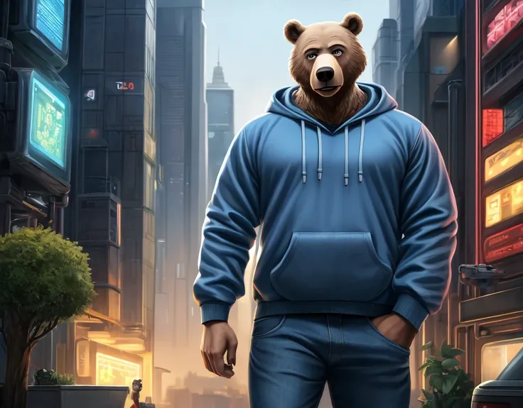 (photorealism1.2), riz from beastars, antropomorphic male bear, light grey fur, bear eyes, eyebrows, light brown eyes, exaggeratedly robust wide muscular body, blue hoodie, white shirt, jeans, looking to viewer, standing holding futuristic camera, sci-fi f...