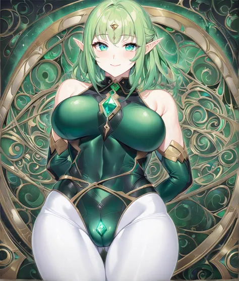 (Magic collage interior background:1.1), Elf Woman, standing, tall, Emerald colored eyes, Hot, 8k, attractive body, sexy body, seductive smile, arms behind back, even waist, long shiny dark green hair, large breasts, thick thighs, one person, (skin tight d...