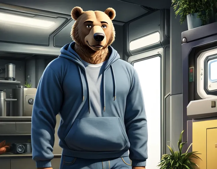 (photorealism1.2), riz from beastars, antropomorphic male bear, light grey fur, bear eyes, eyebrows, light brown eyes, exaggeratedly robust wide muscular body, blue hoodie, white shirt, jeans, looking to viewer, standing holding futuristic camera, sci-fi f...