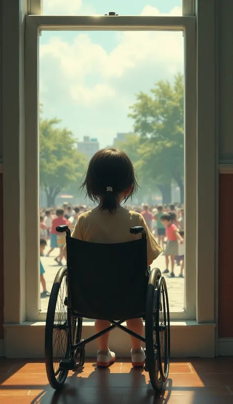 a small girl with an invisible face sitting near the window on wheel chairto see so many ren play
