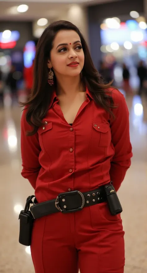 40yo mature MILF bhavana menon as police officer, red cotton police uniform, unbuttoned shirt, ((ankle boots)), ponytail hair, mature athletic curvaceous milf body, ((posing in shopping mall)), hourglass milf figure, medium breasts, (((seductive expression...