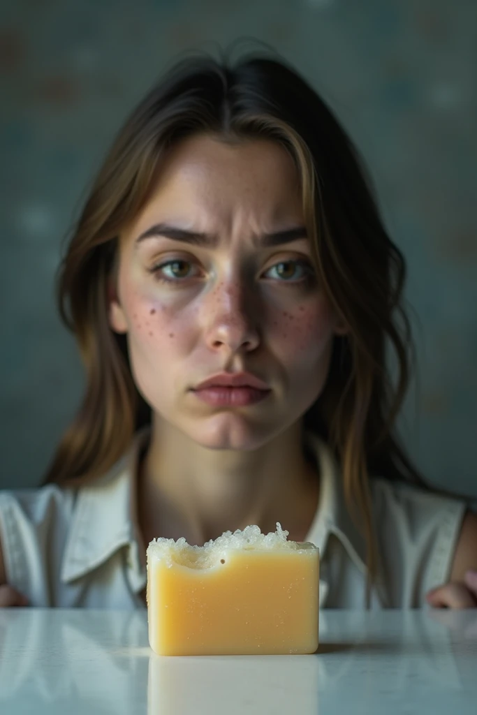 Image: A woman with visible skin blemishes and a disappointed expression.

Soap: A large, almost completely depleted bar of generic soap.

Background: Muted, dull colors to convey dissatisfaction and ineffectiveness.