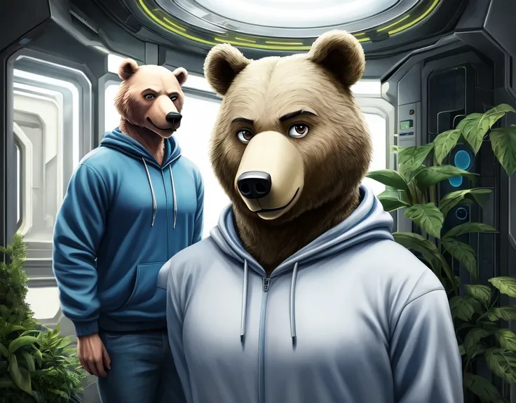 (photorealism1.2), riz from beastars, antropomorphic male bear, light grey fur, bear eyes, eyebrows, light brown eyes, exaggeratedly robust wide muscular body, blue hoodie, white shirt, jeans, looking to viewer, standing holding futuristic camera, sci-fi f...