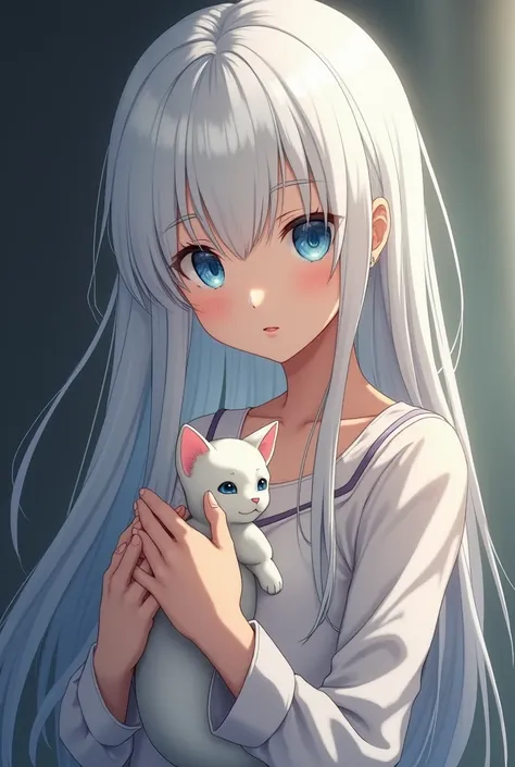 Anime woman with white hair and blue eyes please with a baby cat in her arms , She looks at the cat
 She should look more mature just with a slight smile - similar to Jor 
Artystyle by Violet Evergarden 