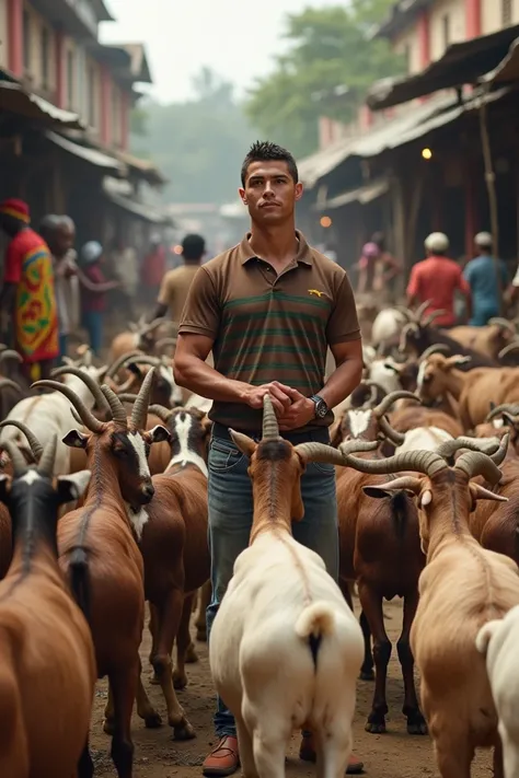 A bustling marketplace filled with livestock. Cristiano Ronaldo, wearing a brown and green striped polo shirt, stands amidst a group of goats, holding one by the neck. The scene is lively, with people in the background going about their activities, some we...