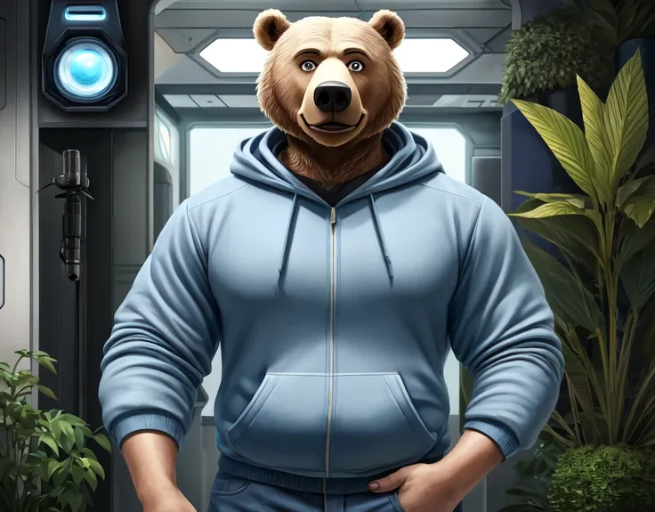 (photorealism1.2), riz from beastars, antropomorphic male bear, light grey fur, bear eyes, eyebrows, light brown eyes, exaggeratedly robust wide muscular body, blue hoodie, white shirt, jeans, looking to viewer, standing holding futuristic camera, sci-fi f...