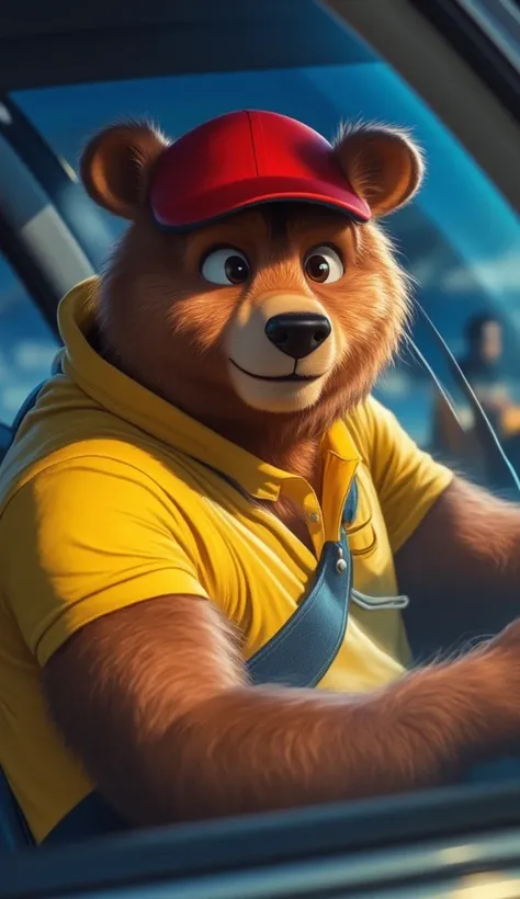 Anthropomorphic bear, seated in vehicles drivers seat, wearing red cap and yellow polo shirt, subtly blushing,  (detailed fur:1.2),  (muscular physique:1.1),  looking directly at viewer, medium shot,  interior of vehicle,  composition in the center of fram...