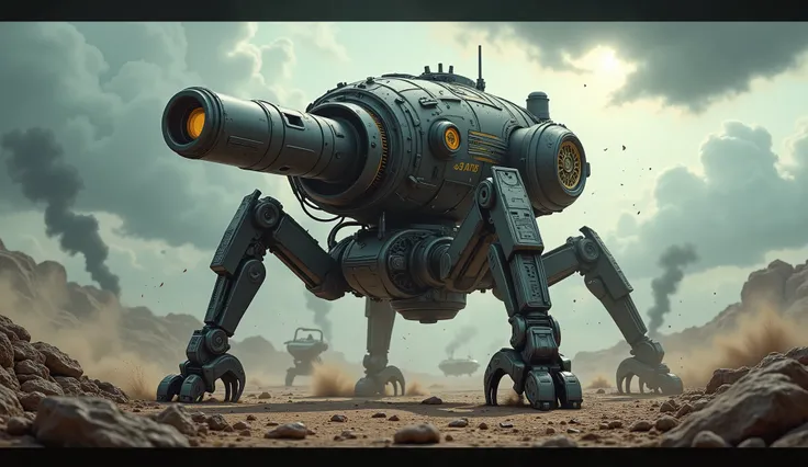 Wide view, futuristic, Sci-fi cinematic scene. Dramatic sky, chaos dusty battlefield background. Cybernectic Mortar on joined-leg platform. wandering through, Golden runes and cybernectic line decorate, Grimmdark, mechanical. (Ultra-realistic, 32k, Masterp...