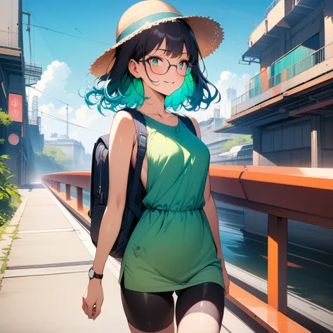 (masterpiece),(best quality),very aesthetic,(ultra-detailed),(super-fine illustration),vibrant colors,high saturation,nsfw,1girl,25yo,slender,tall,medium hair,black hair,natural wave hair,flipped hair,dark green eyes,comfortable,smirk,glasses,straw hat wit...