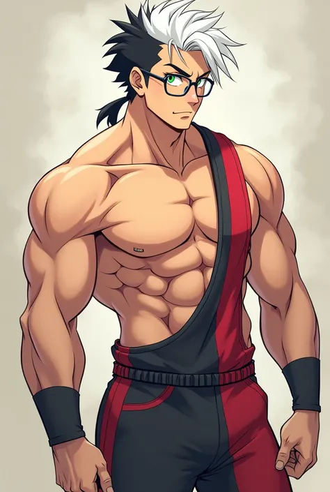  30 year old muscular man , Look 30 , with glasses, white, de cabello white cn negro, short and ponytail ,  heterochromia,  one eye green and one pink ,  shirtless and only anime-style jumpsuits in a very sexy pose, similar al coronel sanders 