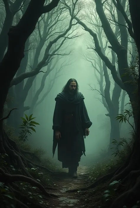 Dante, LOST ,  WALKS IN A MYSTERIOUS AND DARK FOREST,  WITH A WORRIED EXPRESSION .