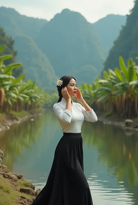  Indonesian-Asian girl Traditional dress Asian Javanes Long Sleeves White color. black long skirt. ((Big boobs 2  .3)). Walking by the river . white shoes.  Mountain landscape background .  River background many banana trees . ((Detailed finger finger .))....