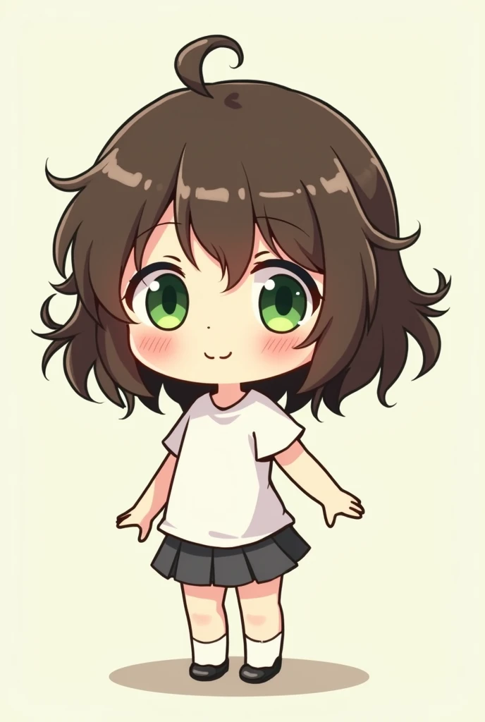 short woman with green eyes , short brown hair anime style chibi