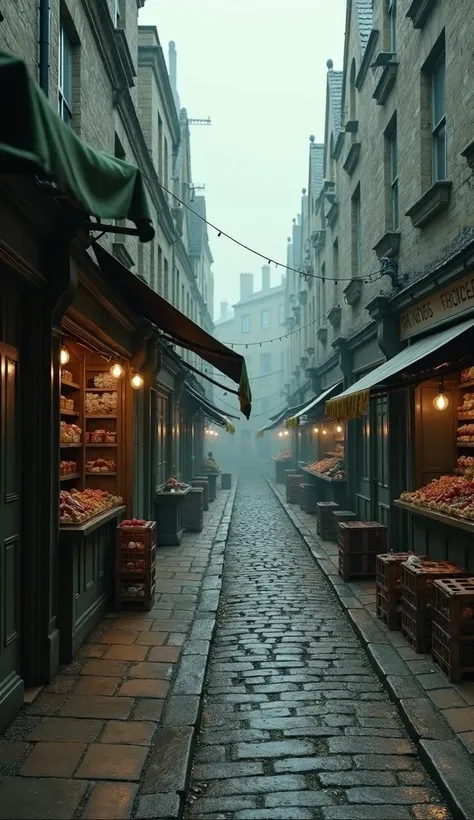 A bleak 1940s British street scene with empty food stalls