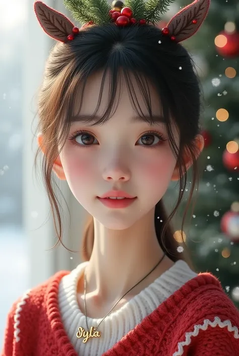 photorealism: 1.2), beautiful  girl, little Korean , sitting in the living room, snowy atmosphere snow, beautiful eyes, beautiful thick eyebrows, small sharp nose, sweet pink lips, wearing a Christmas sweater white with a Christmas design, only half of his...