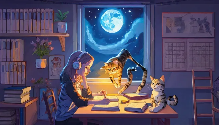 A girl wearing headphones, doing study at night. A cat seated on window. Detailed books un shelves on the wall. 2d art style. 4k ultra resolution.