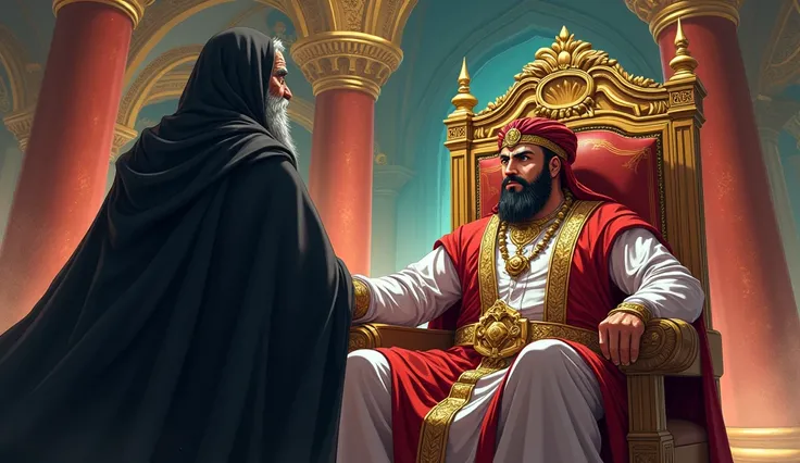 Picture of a beefy faced arab king sitting on a throne in fancy clothes,  talking with an old dark-robed sorcerer , in the background of the majestic royal chamber . anime cartoon 