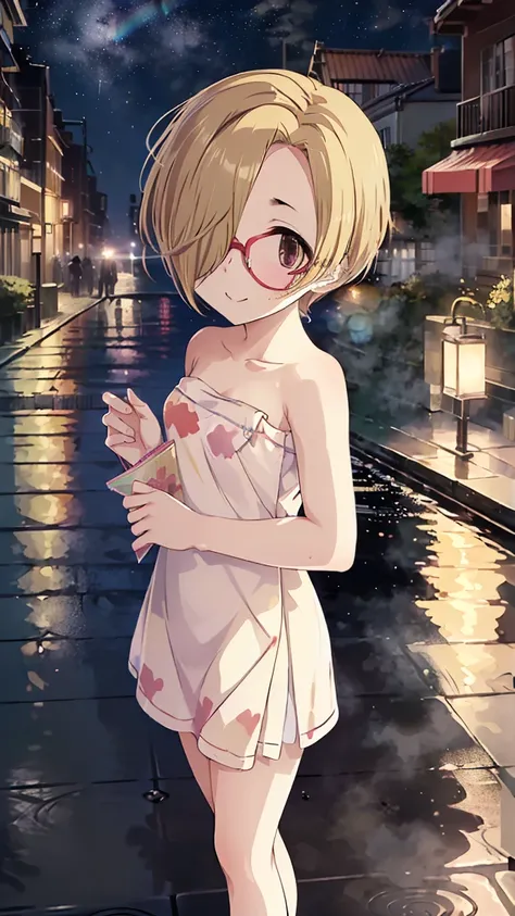 masterpiece,  best quality,  high definition ,  Very detailed,(((Shirasaka Koume))), ((( 1 girl))), (((solo))), (((Blonde))), (((Brown Hair))), ((( short hair))), ((( hair covering one eye ))), (((Around town))), (((rainbow))), ((( standing))), (((night)))...