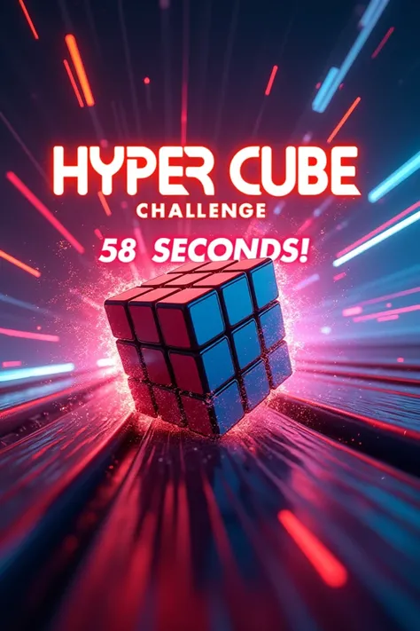 "Create an Instagram cover photo design prompt for my Rubiks Cube video. The cover should be eye-catching with bold text that says Hyber Cube Challenge and 58 Seconds! Include a dynamic and empowering vibe with a Wonder Woman theme, featuring glowing effec...