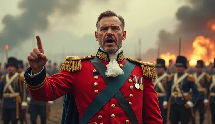 Create a mid-shot image of a 19th-century British army general during a battle, passionately shouting orders. The general, dressed in a red military uniform with gold epaulets, points a commanding finger toward the enemy, his face stern and filled with aut...