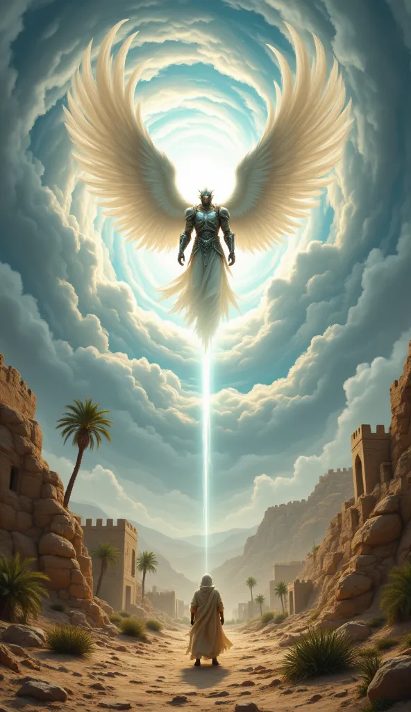 angel israfil, having delivered his message, begins to ascend back into the sky. his massive, divine wings unfold as he lifts of...