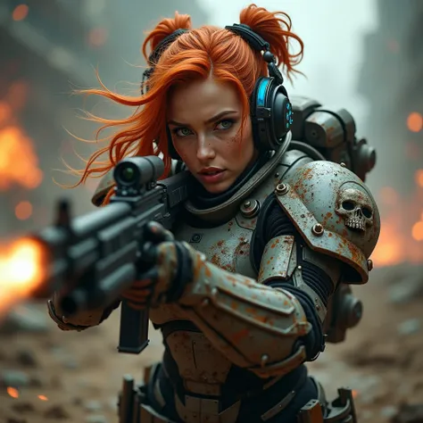 Wide shot of a space marine with skull emblem engraved on her heavy armor, heavy armor with red and blue patterns, a woman with orange-red hair with two bows tied on the sides of her head, angry and screaming with rage and fury in the heat of combat, very ...