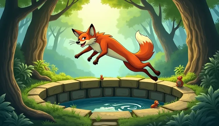 A thirsty cartoon fox was jumping into a deep well ( round ,no water ) horizontal in a forest 