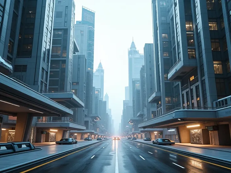 Street of futuristic city. No plants, trees, grass, no people. 16:9