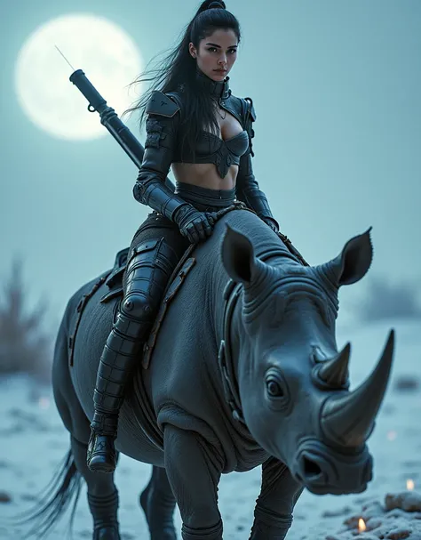 "Photorealistic image, close-up of exotic girl atop a battle rhino, alien tundra landscape with icy plains and bioluminescent alien life, futuristic weapon slung over her shoulder, her seductive outfit features glowing accents and layered armor, soft moonl...