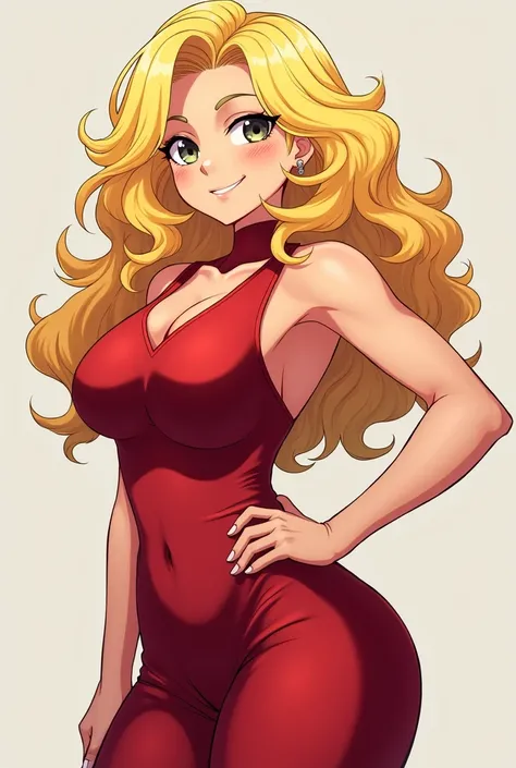 anime girl red dress with no sleeves buff blonde curly hair