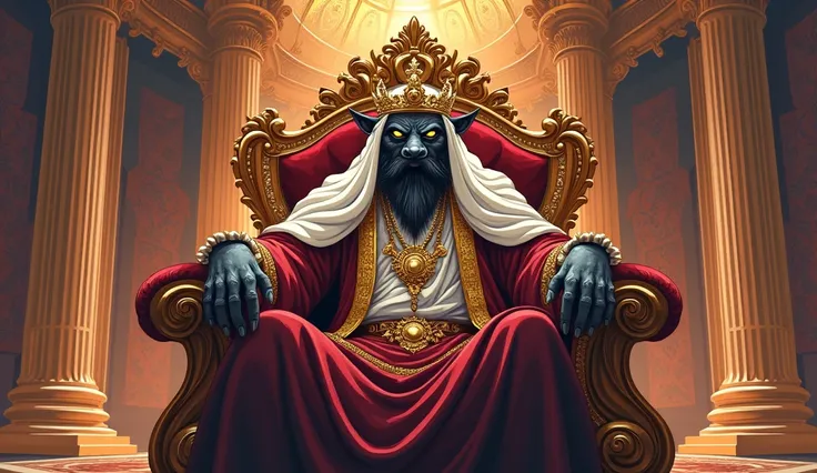  Image of a beastly faced arab king sitting on a throne in fancy clothes,  in the background of the majestic royal room .   anime cartoon 