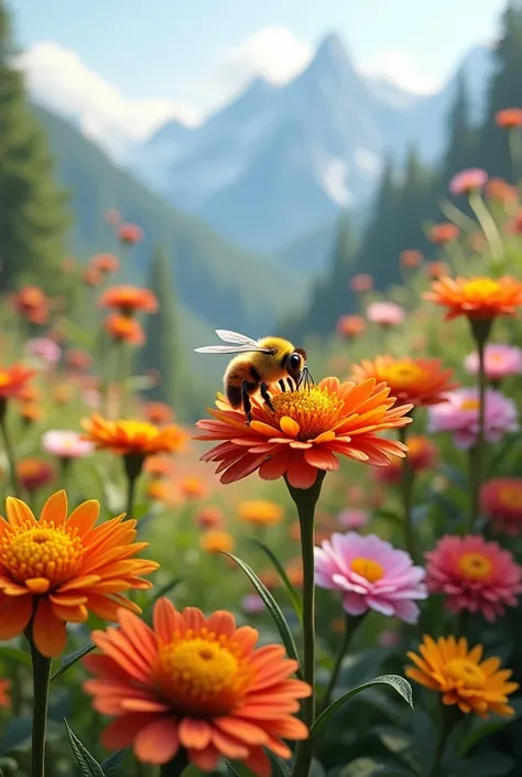 (photorealism:1.2),  a bee is taking honey in a flower that is blooming and beautiful,  around it are many blossoming flowers . There are also flowers that have withered .  Background in a beautiful garden near the mountains .