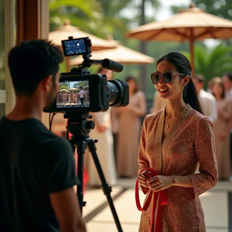 The model is weA natural, ultra-realistic shot of a minimalist video crew filming the ribbon-cutting ceremony of a luxury hotel in Bali. The videographer, operating a Sony FX3 camera on a tripod, captures an Indonesian businesswoman in an elegant kebaya cu...