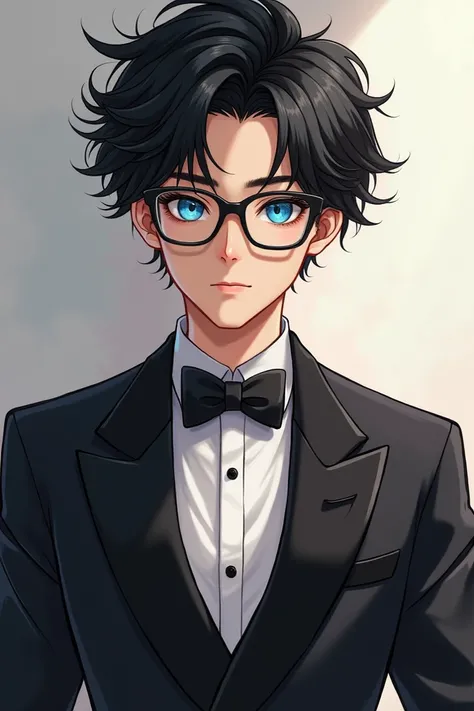 A young charming handsome hot teenage man with majestic black hair and blue shining eyes wearing glasses and a tuxedo 