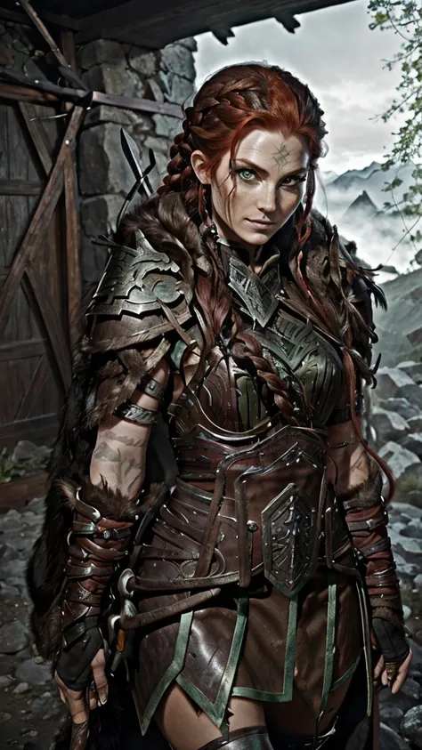 A beautiful and sexy Nordic raider woman dressed in wolf skin armor, heavy wolf eyeliner, heavy eyeshadow, beautiful refined face detail, bright green eyes, crooked smile, mischievous glint in her eye, perfect legs, brazen energy, adventurous spirit, Lusci...