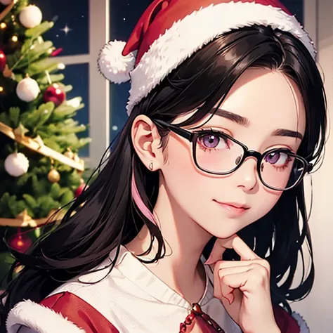  A sharp face 、smile、I have pink streaks in my black hair 、 adult woman with blushing cheeks、 short hair、Glasses、 Im wearing Santa Claus clothes 、  Christmas tree in the background  、 has a gift box、Make your eyes brown   、  Please raise your mouth  、  alb...