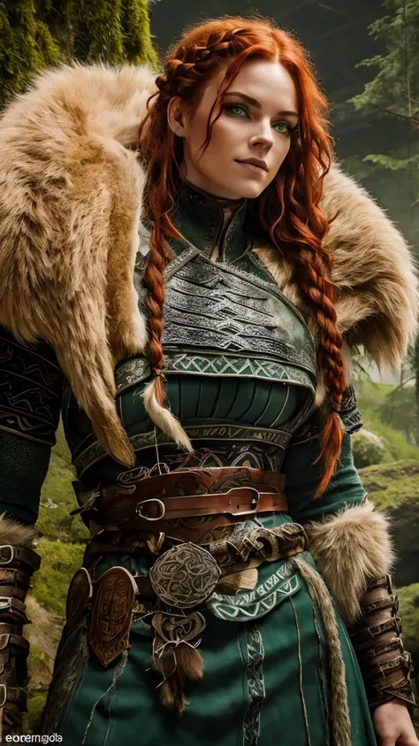 A beautiful and sexy Nordic raider woman dressed in wolf skin armor, heavy wolf eyeliner, heavy eyeshadow, beautiful refined face detail, bright green eyes, crooked smile, mischievous glint in her eye, perfect legs, brazen energy, adventurous spirit, Lusci...