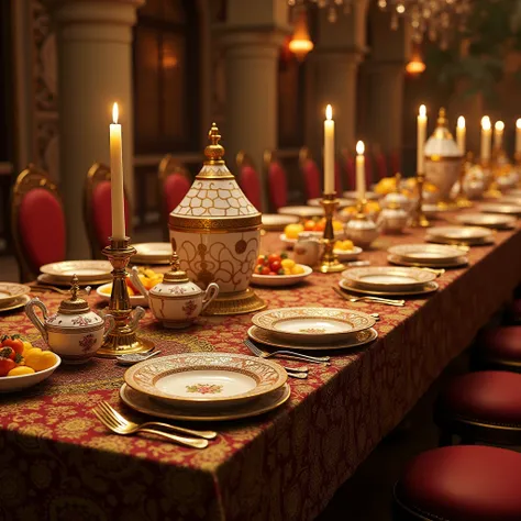 A luxurious long table adorned with many elegant plates and glowing candles, set in a Persian and Arabian atmosphere. 