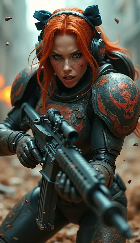 Wide shot of a space marine with skull emblem engraved on her heavy armor, heavy armor with red and blue patterns, a woman with orange-red hair with two bows tied on the sides of her head, angry and screaming with rage and fury in the heat of combat, very ...