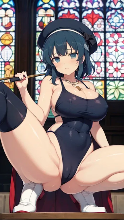 masterpiece、8k、High image quality、 Illustration、Beauty、One person、   best quality、  detailed face   、whole body、 blue hair、Clergy、 perfect figure 、Big Breasts、Clergyの帽子を被る、 nipples are erect 、Ultra high leg swimsuit 、Cross Necklace、The pubic mound is visib...