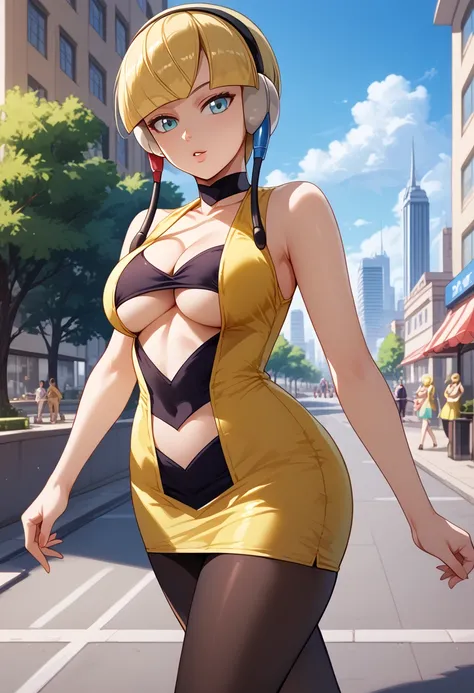 Perfect CG unity 8K UHD wallpaper, Perfect CG unity 8K UHD wallpaper, bw1ele, blonde hair, short hair, headphones, choker, cleavage, black and yellow dress, short dress, clothing cutout, navel cutout, sleeveless, pantyhose, outdoors, city, on sidewalk, wal...