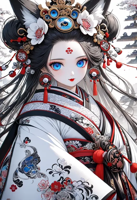 Ink painting, (((1 girl))), (((Tattoo in the middle of the forehead))),(((In the background is the Akatsuki moon))), (((Oiran))), (((Great hair accessories))), Demon possession, ((Masterpiece:1.2)), ((Highest quality)), Extremely detailed and delicate illu...