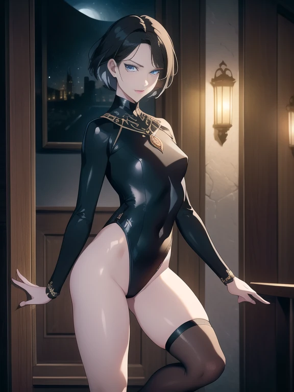 (One Person), (Masterpiece, Best Quality), (A Gorgeous 25 Years Old British Female Vampire Mercenary), (Wavy Bob Cut Black Hair), (Pale Skin with Hidden Fangs), (Sapphire Blue Eyes), (Wearing an gymnast tight leotard, long sleeves), (City Road at Night wit...