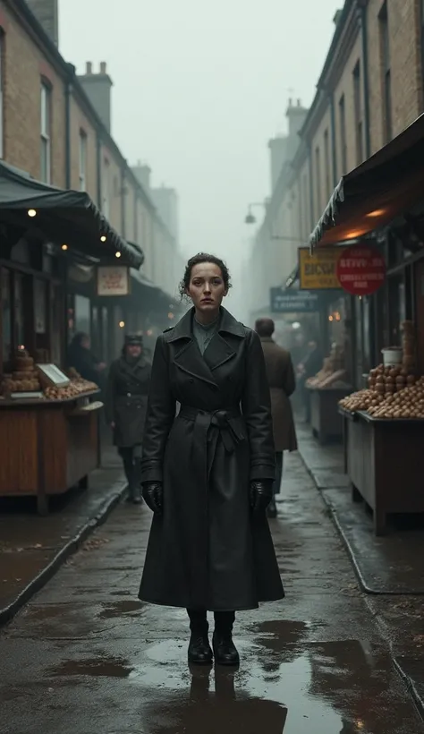 A bleak 1940s British street scene with empty food stalls, people in 1940s civilian attire looking worried