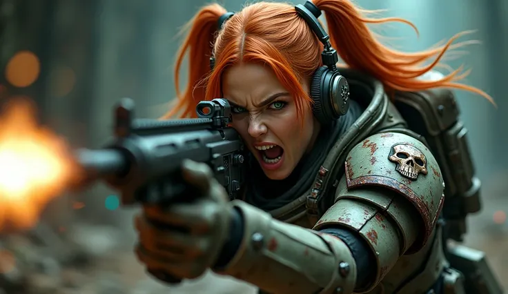 Wide shot of a space marine with skull emblem engraved on her heavy armor, heavy armor with red and blue patterns, a woman with orange-red hair with two bows tied on the sides of her head, angry and screaming with rage and fury in the heat of combat, very ...